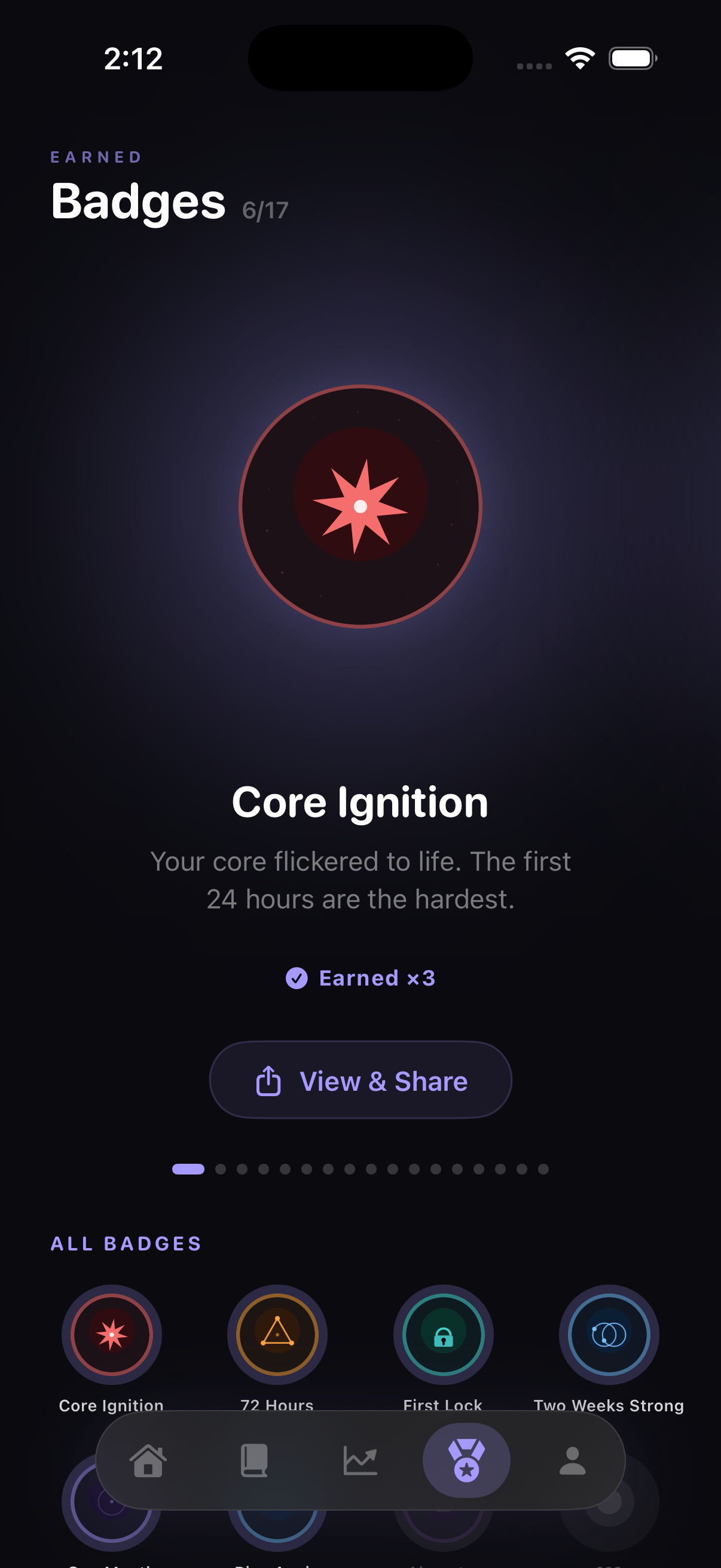 Uprise badges screen showing earned milestones