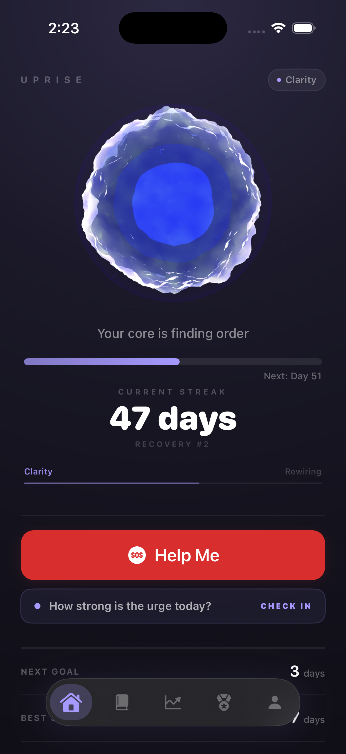 Uprise home screen showing streak and energy core