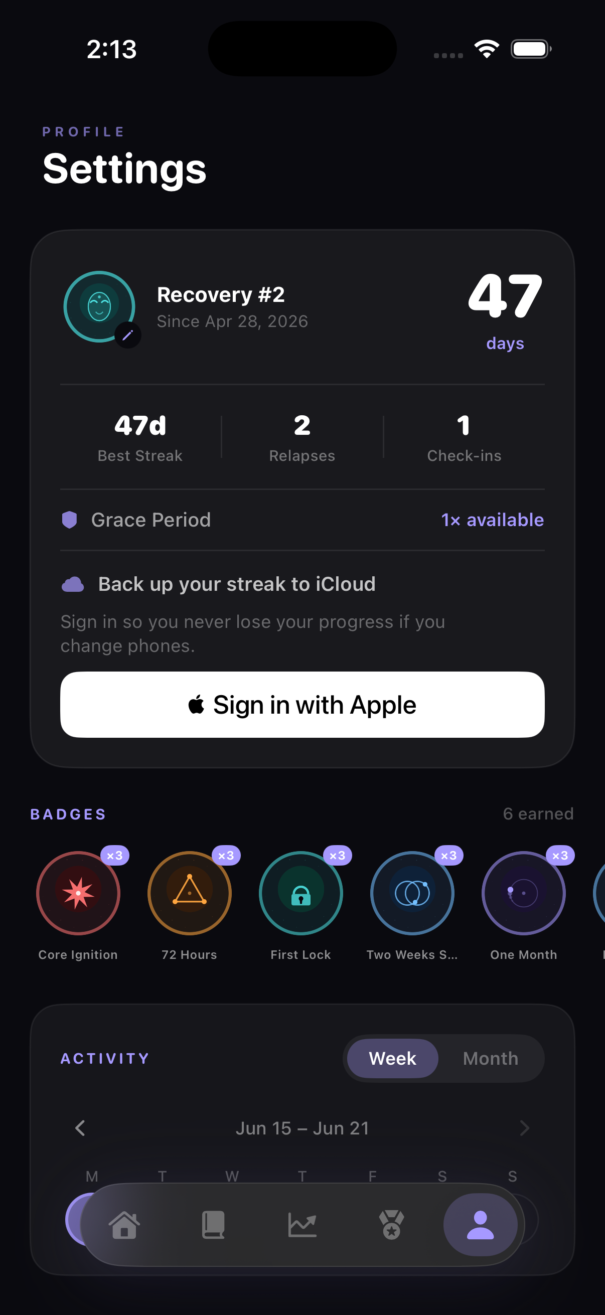 Uprise profile screen showing recovery stats